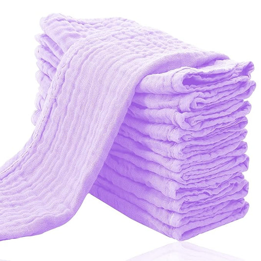 Cute Castle 12 Pack Muslin Burp Cloths for Baby - Ultra-Soft 100% Cotton Baby Washcloths - Large 20'' by 10'' Super Absorbent Milk Spit Up Rags - Burpy Cloths for Unisex, Boy, Girl - Purple