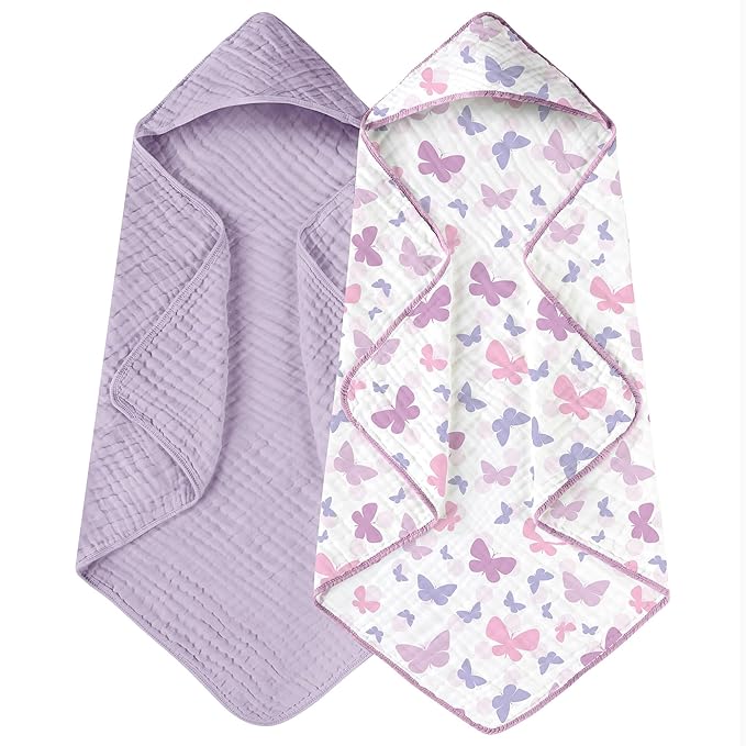 Yoofoss Hooded Baby Towels for Newborn 2 Pack 100% Muslin Organic Cotton Baby Bath Towel with Hood for Babies, Infant, Toddler and Kids, 32x32Inch, Soft and Absorbent Newborn Essential, Butterfly