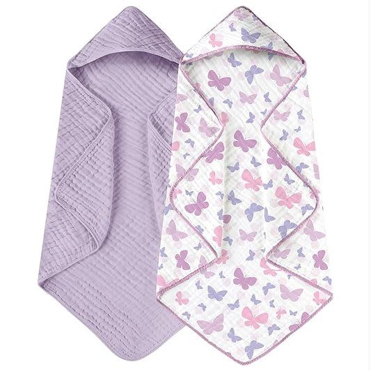 Yoofoss Hooded Baby Towels for Newborn 2 Pack 100% Muslin Organic Cotton Baby Bath Towel with Hood for Babies, Infant, Toddler and Kids, 32x32Inch, Soft and Absorbent Newborn Essential, Butterfly