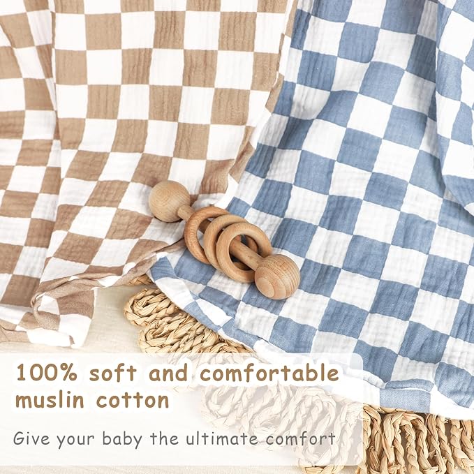 Hooyax Muslin Baby Lounger Cover 2 Pack - 100% Breathable Cotton Soft Infant Lounger Covers, Fits Most Standard Newborn Loungers & Pillows (Blue Cherker+Coffee Checker)