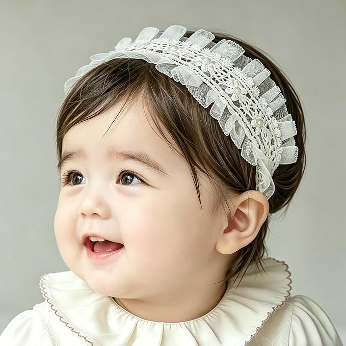 Baby Girls Flower Headbands Cute Kids Christening Headband Soft Lace Hairbands Floral Crown Newborn Infant Toddlers Hair Accessories for Birthday Party Photography(Beige Flowers)