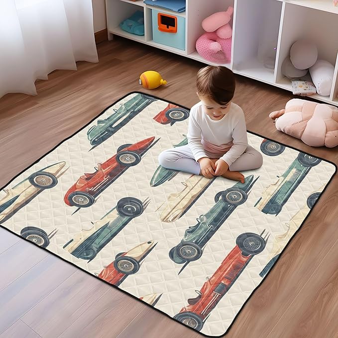 Race Cars Vintage Baby Playmat Washable Playroom Crawling Mat Non-Slip Play Mats for Floor 50x50 Mat