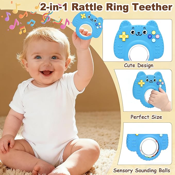 HAILI XMGQ Teething Toys for Baby, Sensory Baby Chew Toy, Rattle Ring Teether Toys for Babies 0-3-6-12 Months, Silicone TV Remote Control Shape for New Baby Gift (Blue)