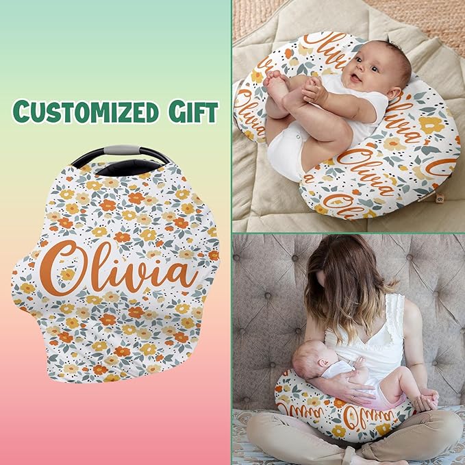 Personalised Car Seat Cover for Babies - Multi-use Carseat Canopy Cover with Name, Car Seat Covers, Christmas Birthday Gifts for Infant Boys and Girls Orange Flower Pattern