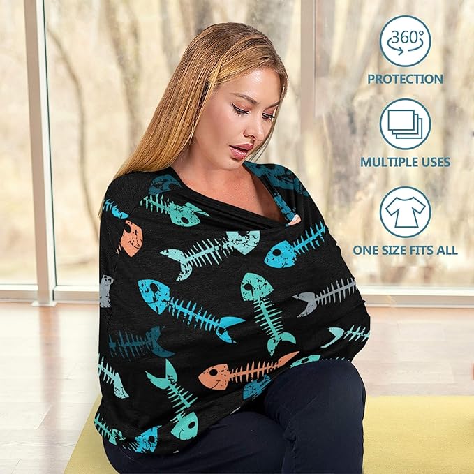 Multicolor Fish Skeleton Bone Skull Tattoo Print On Black Stretchy Baby Car Seat Cover Infant Canopy Nursing Covers Breastfeeding Cover Breathable Windproof Winter Scarf for Boys Girls