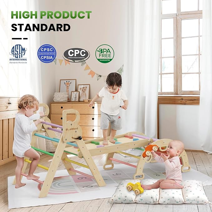BlueWood Pikler Triangle Set with Cushion - Climbing Toys for Toddlers 9-in-1, Montessori Philosophy Play Jungle Gym with Arch, Ramp, Ladder (Rainbow)