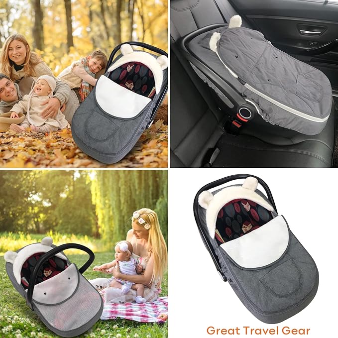 Baby Car Seat Cover for Infant Newborn - Universal Fitted 3-Season (Winter/Spring/Autumn) Canopy, Warm Breathable with Mesh Cover, Unisex for Baby Boy Girl - Grgy