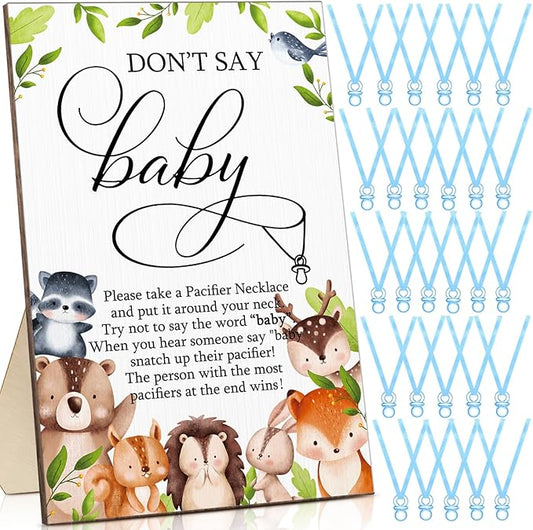 Geetery 51 Pcs Don't Say Baby Game Sign Cool Baby Shower Game 50 Pacifier Necklace Wooden Don't Say Sign Plastic Pacifier Party Favor for Gender Reveal(Woodland,Blue)