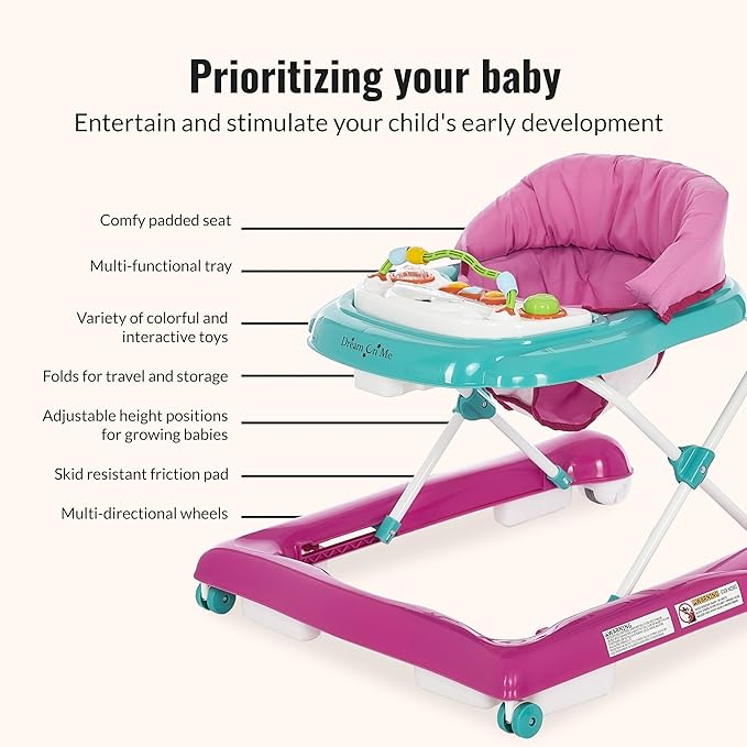 Dream On Me 2-in-1 Ava Baby Walker, Easy Convertible Baby Walker, Walk Behind, Height Adjustable Seat, Added Back Support, Detachable-Toy Slate, Teal Pink