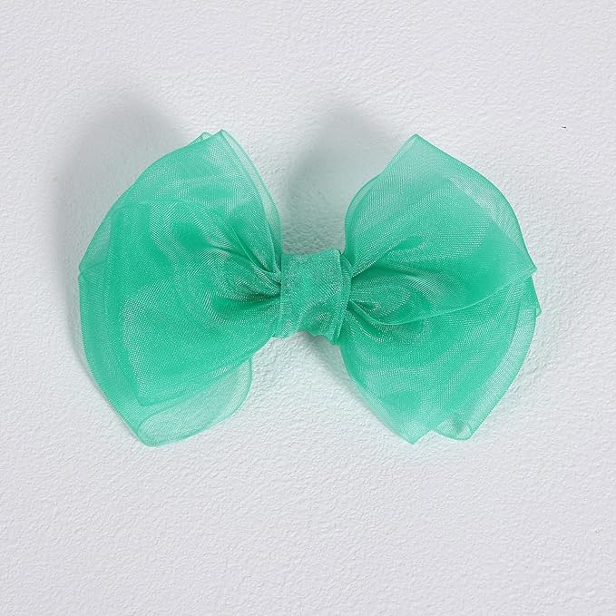Green Hair Bow Clips 4 inch Mesh Ribbon Tulle Hairbow Barrettes Cute Handmade Christmas Party Dress outfit Decoration Accessories Easter Gift for School Kids Teens Toddler Girls Women