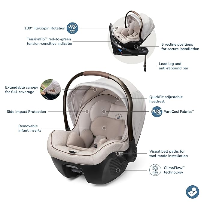 Maxi-Cosi Peri 180 Rotating Infant Car Seat, Baby Car Seat Rotating Carseat, Swivel Car Seat, Desert Wonder