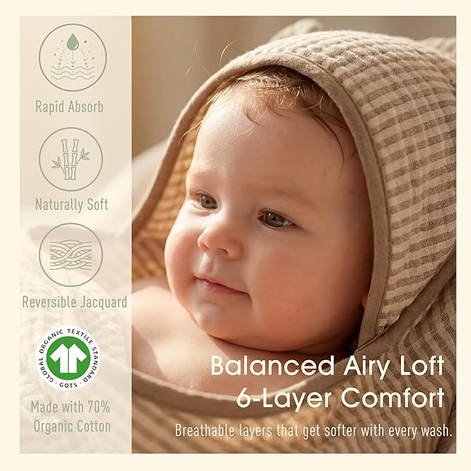 4-Piece Muslin Baby Towel Set - Made with Organic Cotton, (2) 6-Layer 32x32 Towels & (2) Washcloths, Bath, Beach & Pool Gift Set (Neutral Sage Mix)