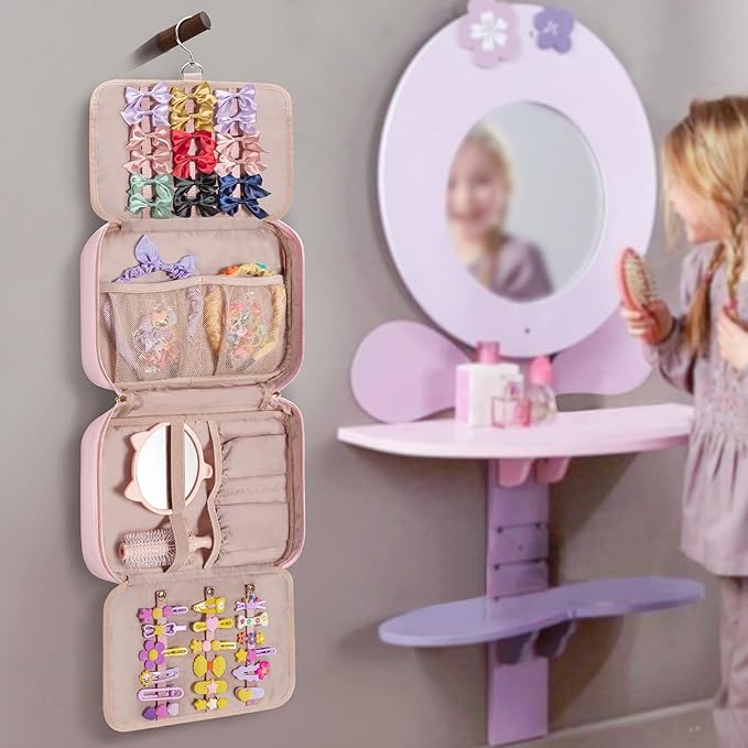 Fasrom Hair Accessories Organizer for Girls, Hanging Hair Bow Storage Bag for Kids Hair Clips, Headband, Hair Ties and Scrunchies Holder, Pink (Empty Bag)