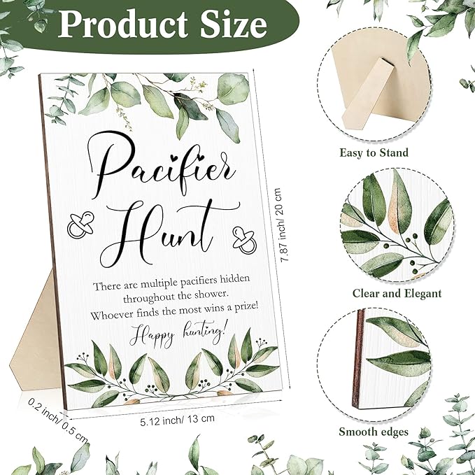 Roowest 51 Pcs Pacifier Hunt BabyShower Games Include Wooden Hunt Sign and 50 Acrylic Mini Plastic Pacifiers for BabyShower Game Decoration Gift Sets Gender Reveal Party(Green Plants,Pink)