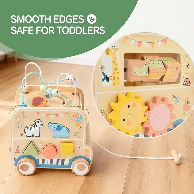 Pithfor Wooden Pull Along Activity Cube Toys, Montessori Toys for 1 2 3 Year Old Baby Toddlers, Baby Activity Cube for 1 Year Old, 1st First Birthday Gift