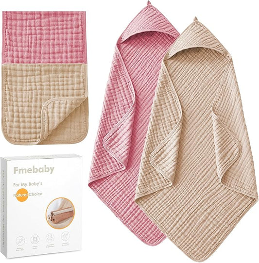 Hooded Baby Towels for Newborn 2 Pack, 36x36 Inch Muslin Cotton Baby Bath Towel and 2 Pack Washcloths for Babies, Toddler and Kids, Soft and Absorbent Newborn Essential(Pink and Apricot)