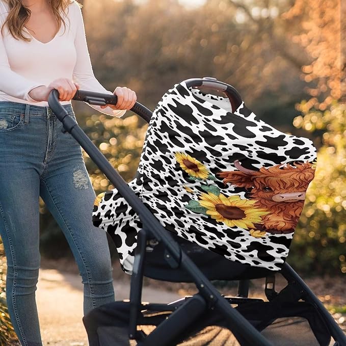 Wanyint Highland Cow Sunflower Cow Print Car Seat Covers for Boys Girls, Nursing Cover Carseat Canopy Baby Breastfeeding Cover Multi-use Nursing Scarf Infant Stroller Cover