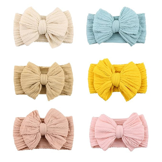 6 Pack Nylon Headbands with Stretchy Infant Bows, Pink Head Wraps for Newborns and Toddlers (03H-10)