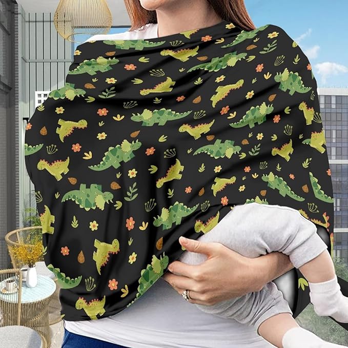 Biyejit Green Dinosaur Baby Multi-Use Cover - Nursing Cover, Baby Car Seat Covers, Shopping Cart, High Chair, and Breastfeeding Cover - Ultra-Soft, Stretchy, Floral Scarf for Baby and Mom