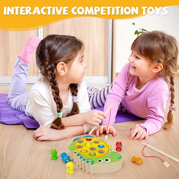 Wooden Magnetic Fishing Game, Dinosaur Magnetic Fishing Toy for Kids 3-5, Montessori Preschool Education Learning Color Sorting Fine Motor Skill for Toddlers