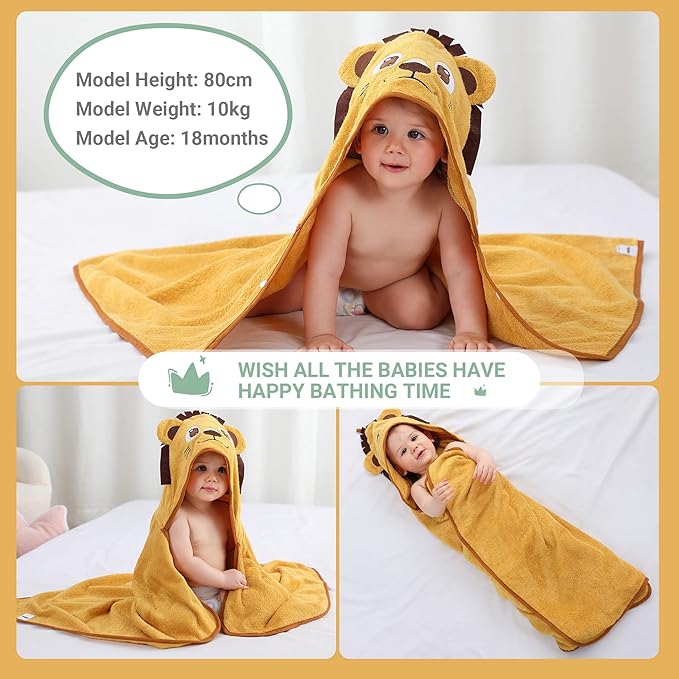 MICHLEY Bamboo Viscose Baby Hooded Bath Towel for 0-5 Years Boys and Girls, 29.5 x 39.5 Inch Ultra-Soft and Quick-drying Infant Bath(Lion)
