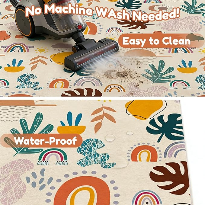 RONGFA Baby Play Mat for Floor, 71'' x 59'' Thicken Foam Padded Playmat for Tummy Time, Playpen Mat for Toddlers Infant Kids, Water-Repellent Coral Velvet, Non-Slip Bottom Safe for Crawling (Boho)