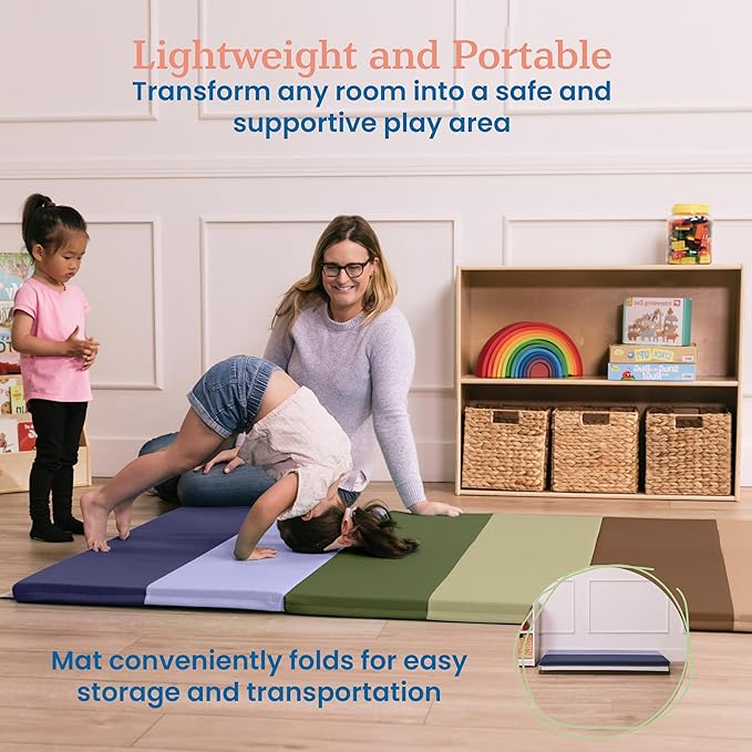 ECR4Kids SoftZone 6-Section Rainbow Runway Activity Mat, Folding Playmat, Earthtone