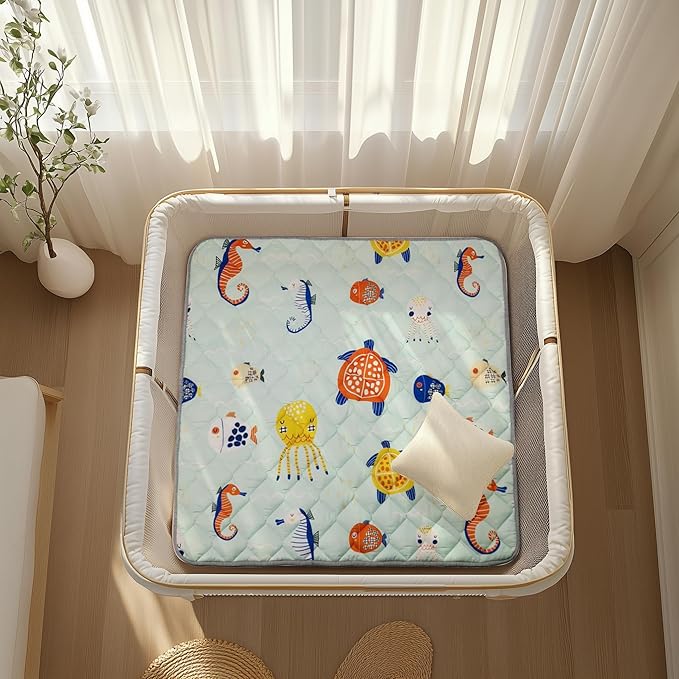 Sinhaklóho 50" x50" Foldable Thicker Foam Baby Play Mat for Playpens & Floors - Soft, Non-Slip & Odor-Free Crawling Mat for Infants & Toddlers, Machine Washable, Ocean Wonders Design