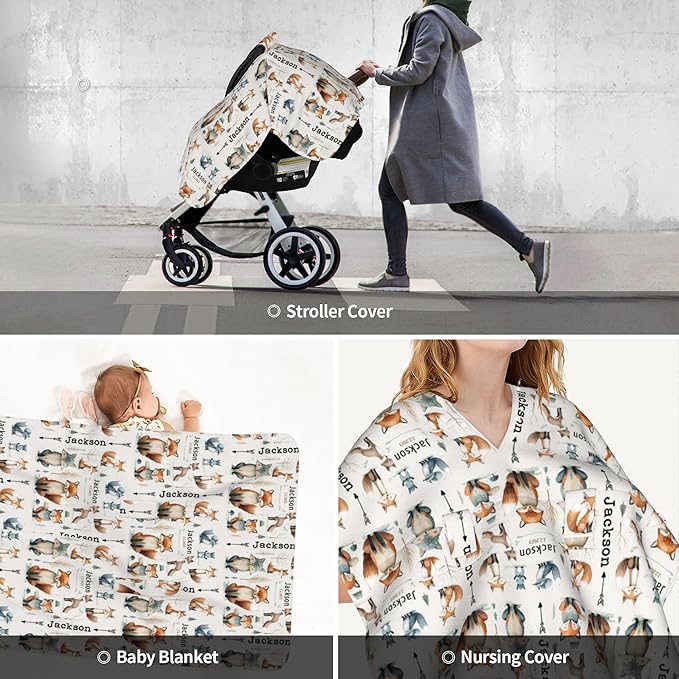 Personalized Winter Carseat Cover for Baby Custom Name Car Seat Canopy for Newborn Baby Boys Girls 2 in 1 Mom Nursing Breastfeeding Covers Woodland Minky Baby Carrier Stroller Covers