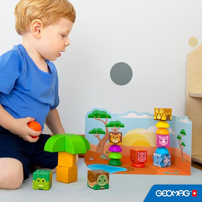 Geomag Magicube Magnetic Blocks, 16 Large Magnetic Cubes Safari Animals STEM Toy, Sensory Toys for Toddlers 1-3, Building Blocks for Kids, Fun Toddler Toys 1-2 yrs