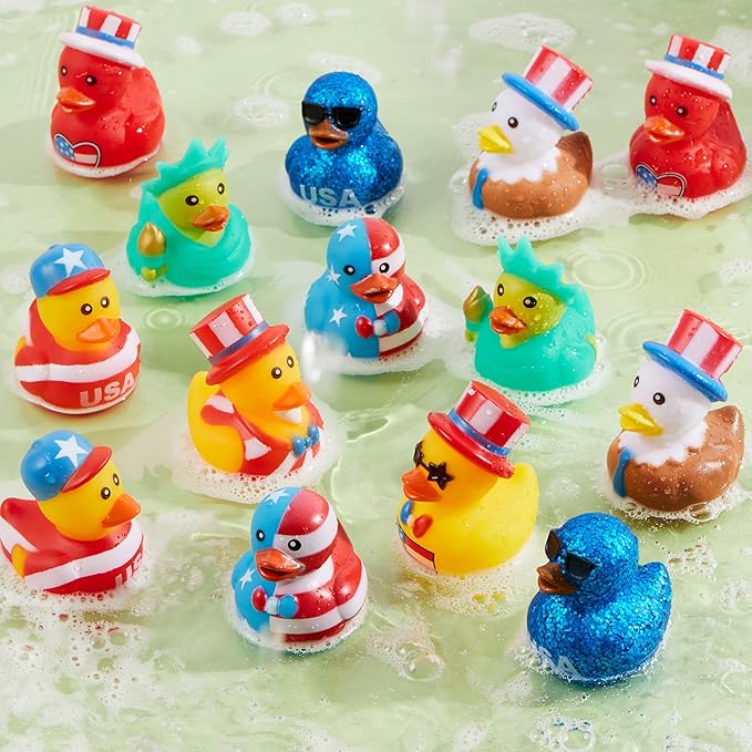JOYIN 24 Pcs Patriotic Rubber Ducks, Red White Blue 4th of July Bulk Ducks with 8 Designs, Independence Day Duck with Flag Prints, Patriotic Party Favor Gift Bath Toy Supply for Kids Toddlers