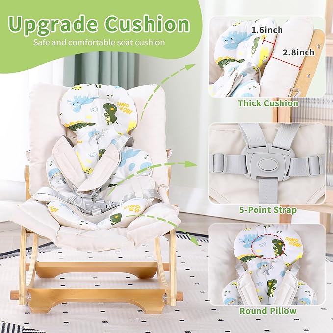 MallBest 3-in-1 Baby Rocker Chair with Double Cushions, for 0-12 Months, Adjustable Wooden Infant Rocker with Removable Cushion and 5-Point Harness for Infant to Toddler (Beige)