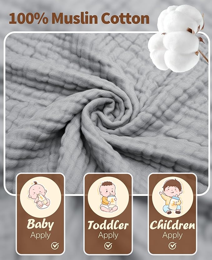 6Pcs Baby Muslin Hooded Bath Towels and Washcloths,32"x 32" Muslin Cotton Hooded Baby Towels for Newborn Shower
