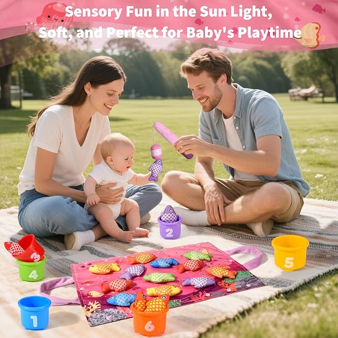 Montessori Toys for 1 Year Old - 20PCS Cloth Toddler Pink Fishing Game with Stacking Cups,Baby Color Sorting Toy 12-18 Months One Year Old Birthday Gift,Best Easter Gifts for 1-3 Year Olds