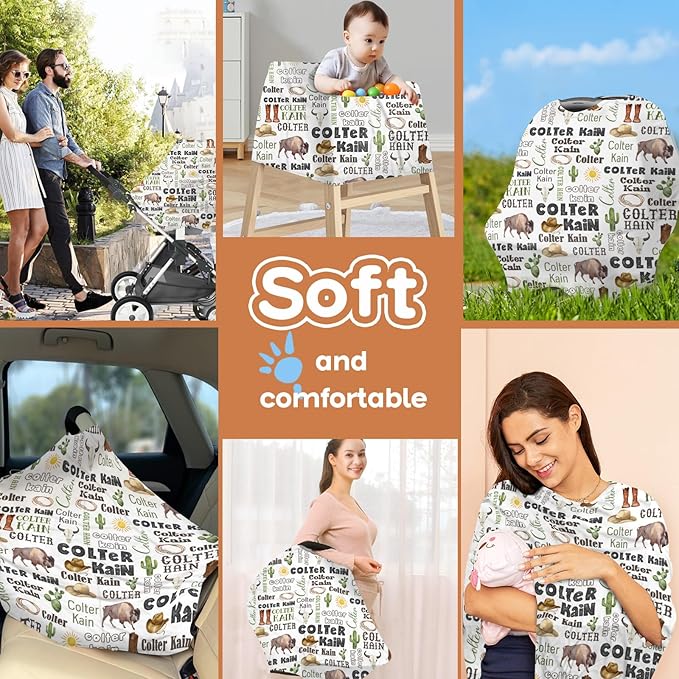 Personalized Baby Car Seat Cover Stroller Canopy: Custom Name Newborn Baby Boy Girl Elastic Cowboy Nursing Cover for Moms First Birthday Gift Animals(one Size)