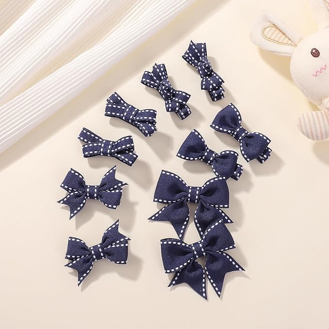 YHXX YLEN Hair Bows for Girls 10 PCS Fully Lined Navy Blue Hair Clips Tiny 2" Grosgrain Stitch Edge Alligator Clips for Baby Girls Infants Toddlers in Pairs