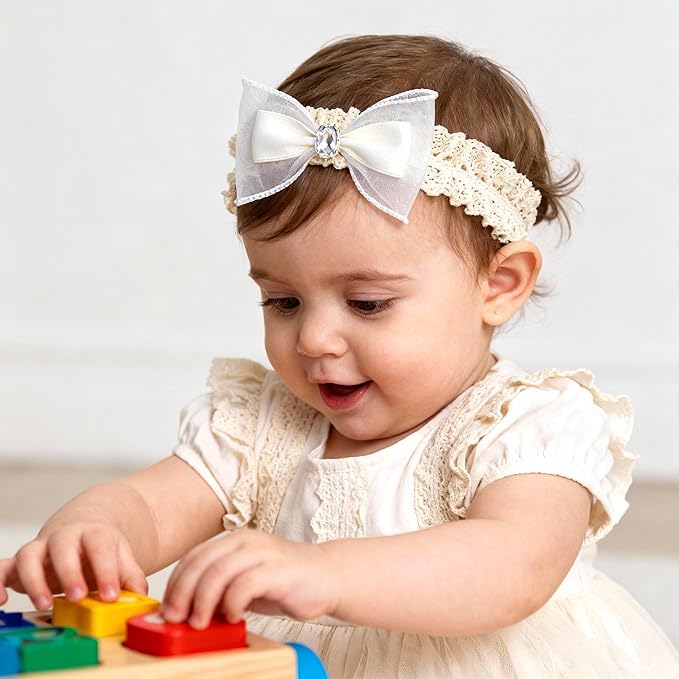 Baby Girls Hairbands bows Headband Stretchy Soft Flower Hairband Toddler Handmade Headbands with Pearls Elastic Headband for Infant Toddler Girl Hair Accessories (Diamond Bow, Elastic)