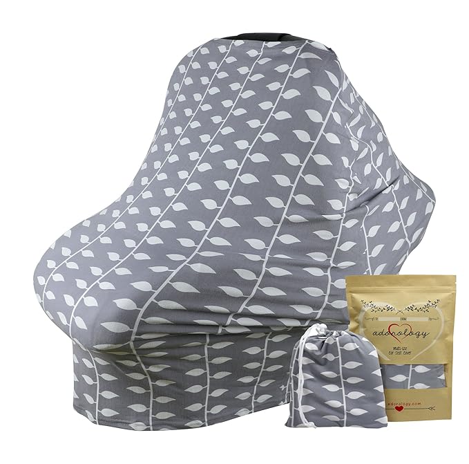 Baby Car Seat & Nursing Cover & Drawstring Carry Bag in Gray Ivy Design Shower Gift Breathable Stretchy Universal 4 in 1 Multi-Use Infant Carseat Canopy Covers Shopping Cart High Chair Stroller