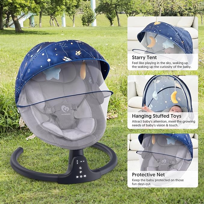 Bluetooth Baby Swing for Infants, Compact & Portable Baby Swing, 3 Seat Positions, 5 Swing Speed, 10 Music, Remote Control, USB Plug-in Power, Reversible Cushion for All Seasons