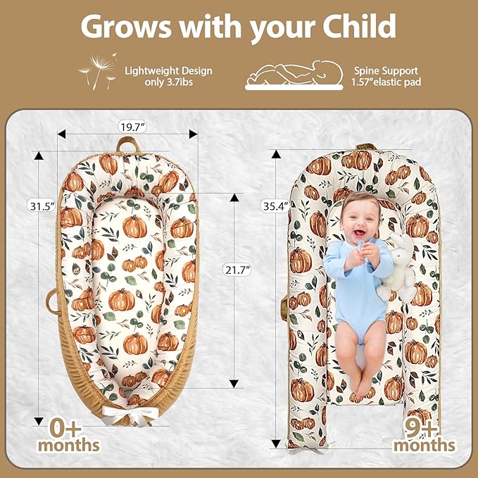 Infant Support Cushion - Breathable and Soft Organic 100% Cotton, Portable Tummy Time Mat with Removable Cover, Newborn Baby Essentials Gifts for 0-24 Months - Punpkin
