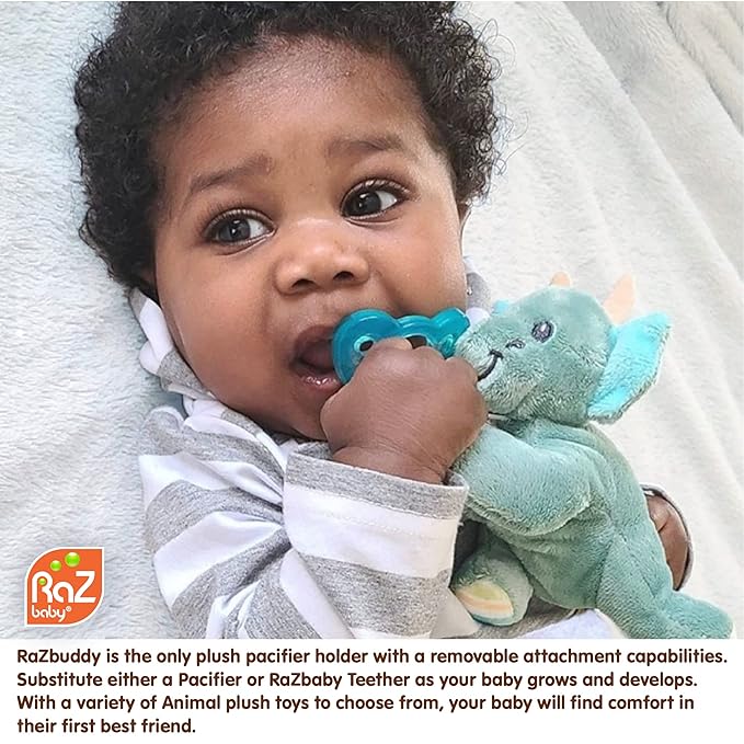 RaZbaby Sloth RaZbuddy Jollypop with 4 Added 0-3M Pacifiers (Teal, 4 Count), Pacifier Plush Holder w/Removable Baby Pacifier - BPA Free