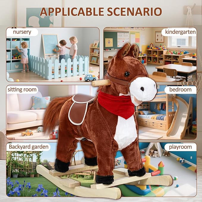 Rocking Horse for Toddlers Ages 1-6, Plush Ride On Toy with Sounds Moving Mouth & Wagging Tail, Interactive Wooden Rocker for Kids, Baby Rocking Chair Toys up to 120kg (Dark Brown Small)