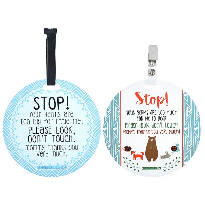 (Three Little Tots) No Touching baby Car Seat and Stroller TWO PACK- Baby Safety No Touching Car Seat Sign, Stroller Sign, Newborn Car Seat Tag- CPSIA Safety Tested (Blue Mommy/Woodlands)
