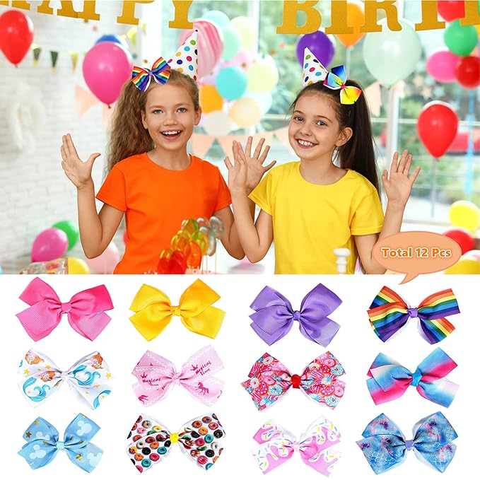 12 Pcs 5 Inch Hair Bows for Girls,Colorful Rainbow Heart Girls Hair Bows Grosgrain Ribbon Hair Bow With Alligator Clips for Toddlers Little Girl Children Kids Teens