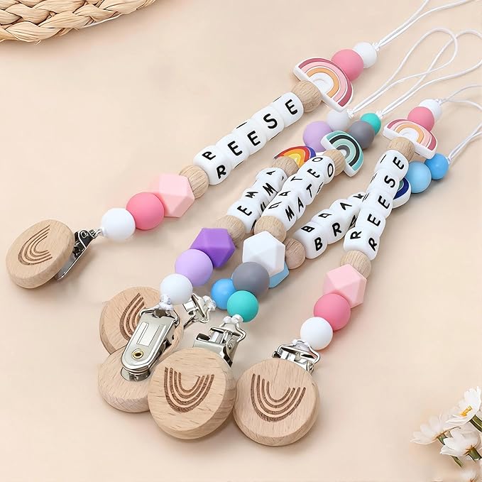 Personalized Pacifier Clip with Name Custom Stroller Clip Silicone Pacifier Chain Holder Clips (Rainbow)