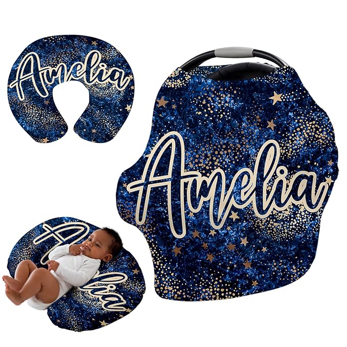Custom Car Seat Covers for Babies - Breathable Baby Car Seat Cover for Girls Boys, Kick-Proof Newborn Carrier Dark Blue Print Canopy Stretchy Stroller Cover for 4 Seasons