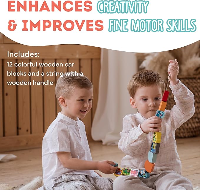 CUBIKA Wooden Flyring Cars Lacing Toy – Montessori Lacing Toy for Kids Ages 3+ – Wooden Lacing Cards with Threading String – Fine Motor Toy – FSC-Certified Wood, Travel Toy for Toddlers