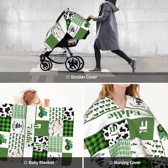 Custom Baby Car Seat Canopy with Name, Personalized Baby Car Seats Covers for Baby Boy, Farm Theme Opening Minky Nursing Breastfeeding Cover for Infant, Carseat Canopies for Newborn