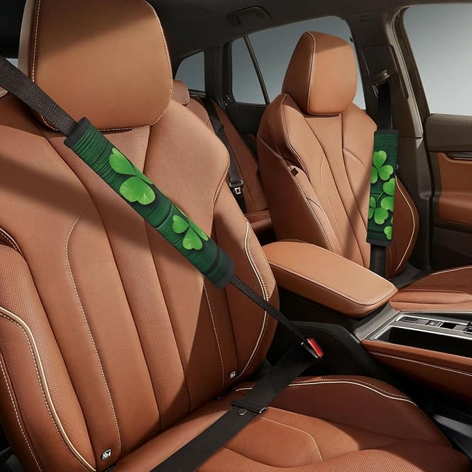Clovers Shamrocks Wood Seat Belt Cover Fits Cars Trucks SUV Sedans Sweat Absorption Car Seatbelt Strap Cover, St Patrick's Day Auto Interior Accessories Protector