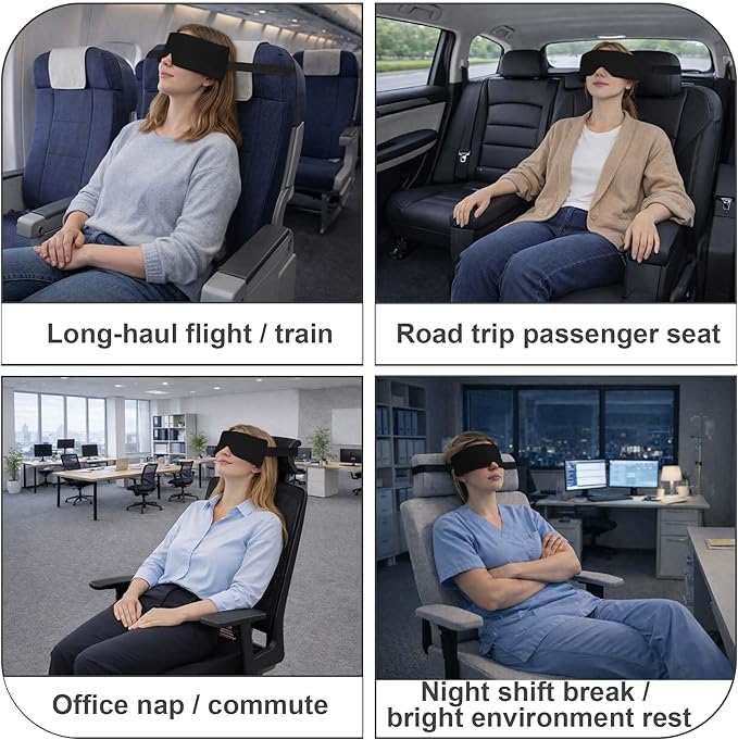 SPRING SEAON Airplane Head Strap for Sleeping, Double-Sided Airplane Eye Mask Head Holder, Adjustable Seat Sleeper Support for Plane, Car & Office Chair, Contoured Nose-Friendly Design，Pouch Included